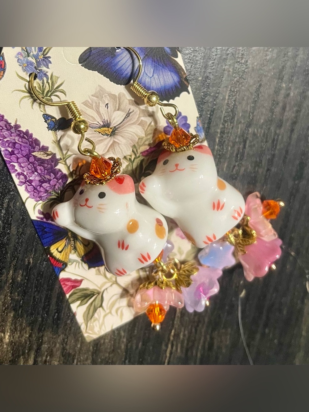 Hand Crafted White Lucky Cat Earrings with Orange and Pink Accents